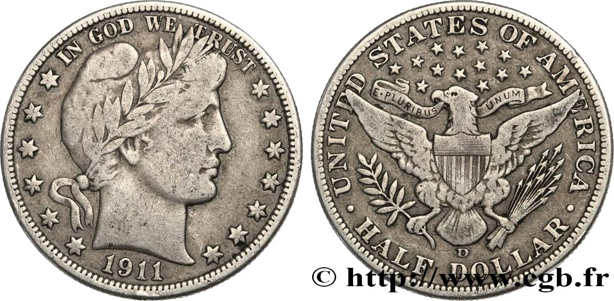 UNITED STATES OF AMERICA 1/2 Dollar Barber 1911 Denver XF 