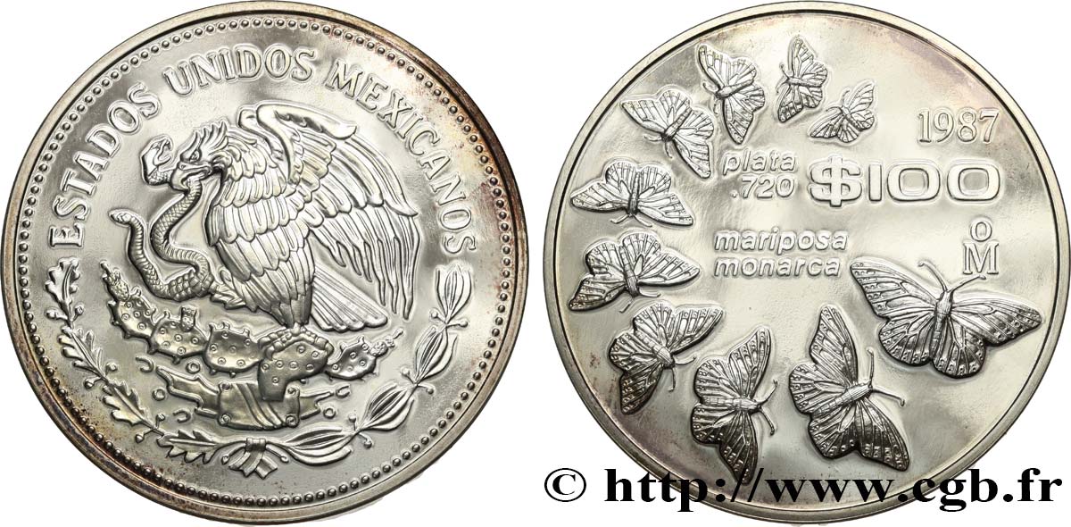 MÉXICO 100 Pesos Proof Papillons Monarques 1987  FDC 