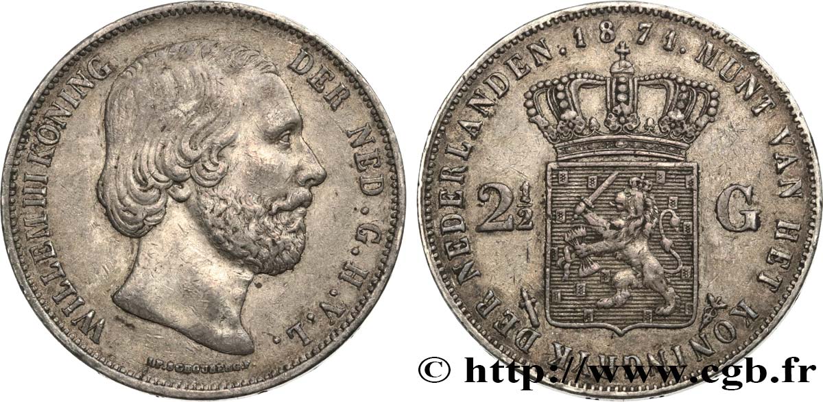 PAYS-BAS 2 1/2 Gulden Guillaume III 1871 Utrecht TB+/TTB 