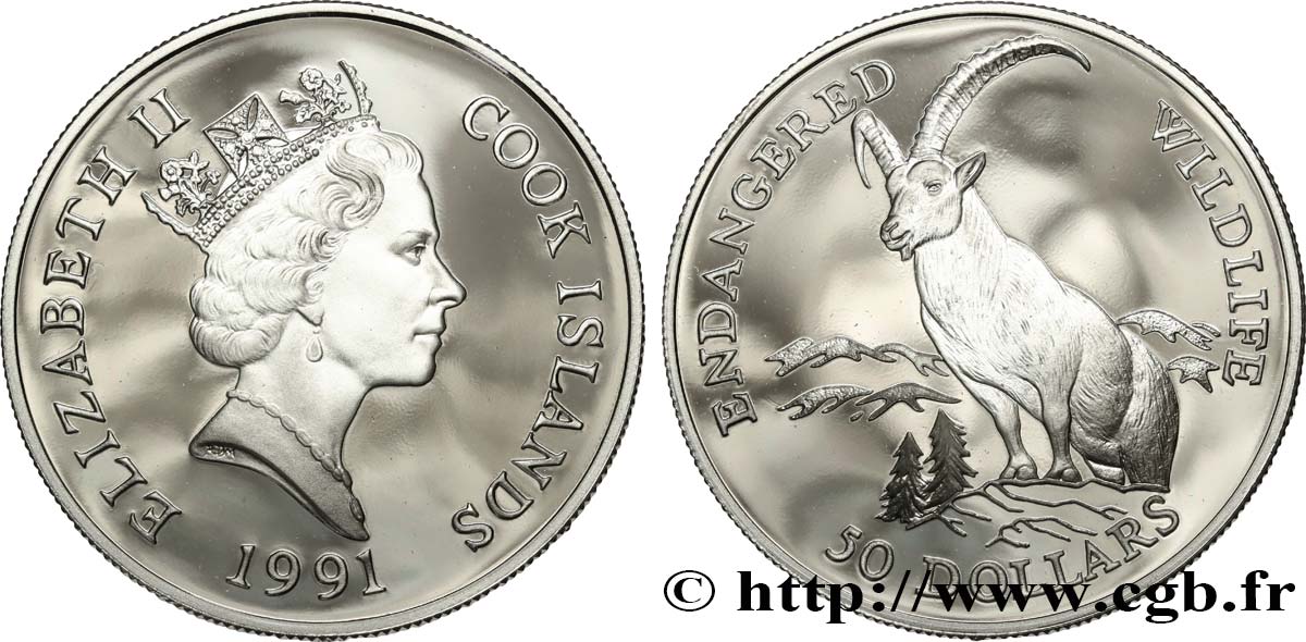 COOK INSELN 50 Dollars Proof Bouquetin des Alpes 1991  ST 