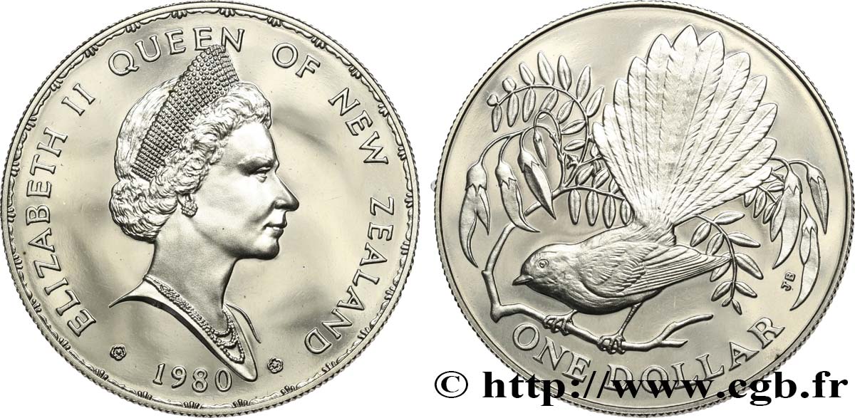NOUVELLE-ZÉLANDE 1 Dollar Proof Elisabeth II / oiseau 
Rhipidure dryade 1980  FDC 