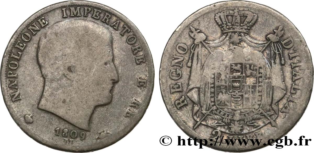 ITALY - KINGDOM OF ITALY - NAPOLEON I 2 Lire 1809 Milan VF 