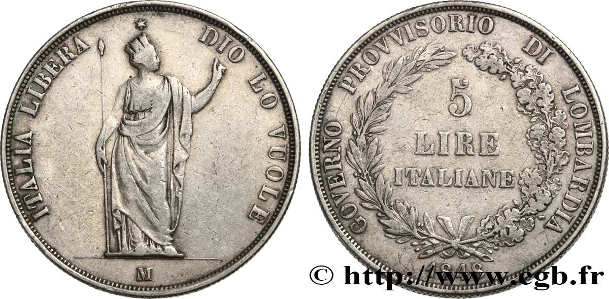 ITALY - LOMBARDY 5 Lire Gouvernement provisoire de Lombardie 1848 Milan VF/XF 