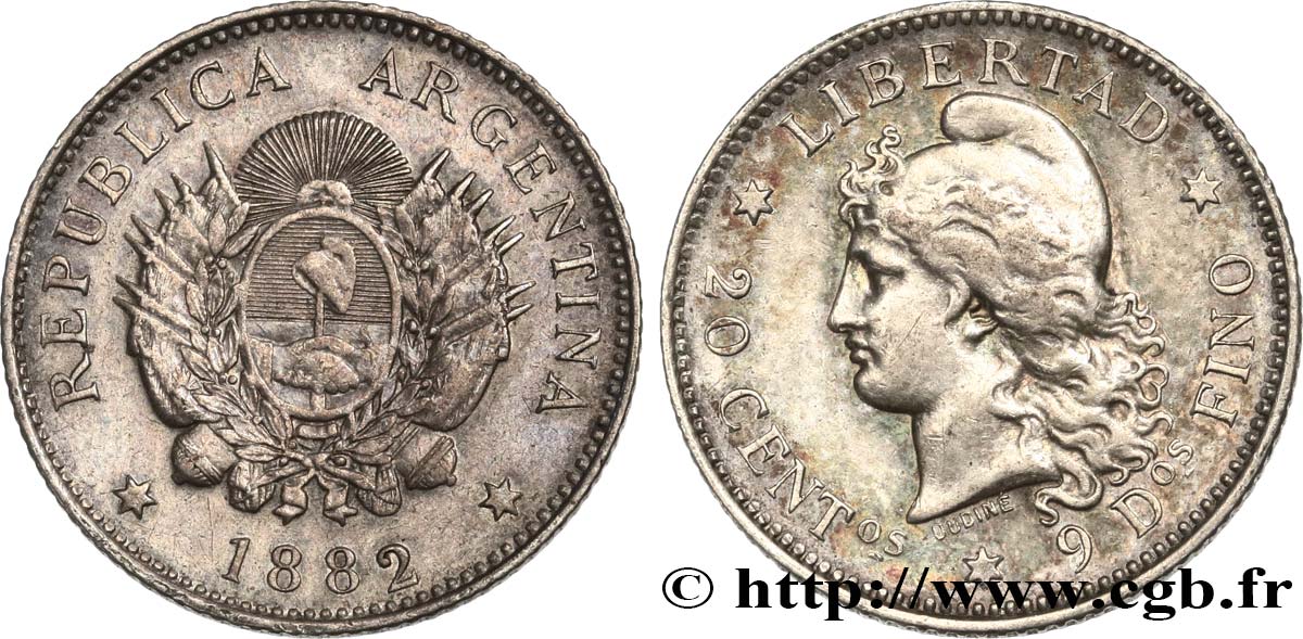 ARGENTINA 20 Centavos 1882  AU 