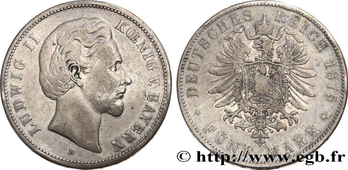 GERMANIA - BAVIERIA 5 Mark Louis II 1875 Munich MB 