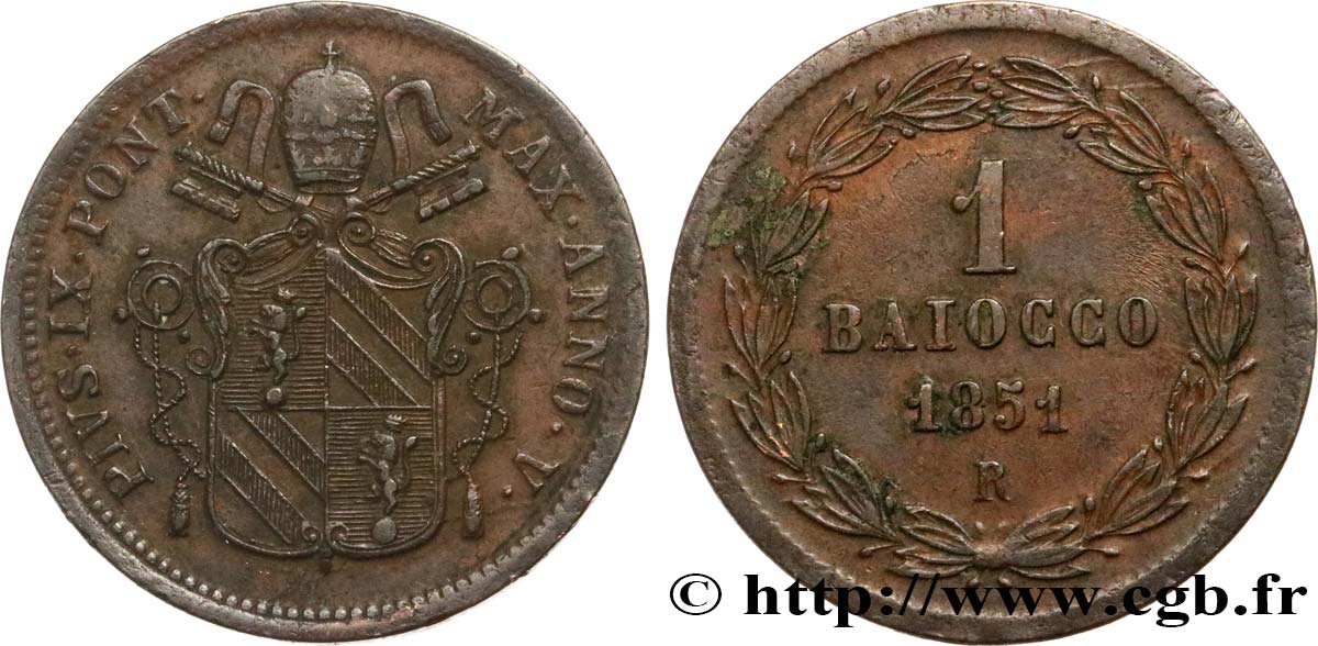 VATICAN AND PAPAL STATES 1 Baiocco Pie IX an V 1851 Rome AU 