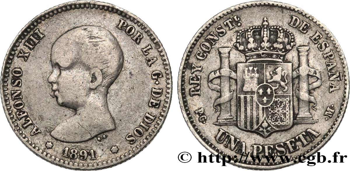 ESPAGNE 1 Peseta Alphonse XIII, 1er type 1891 Madrid TTB 