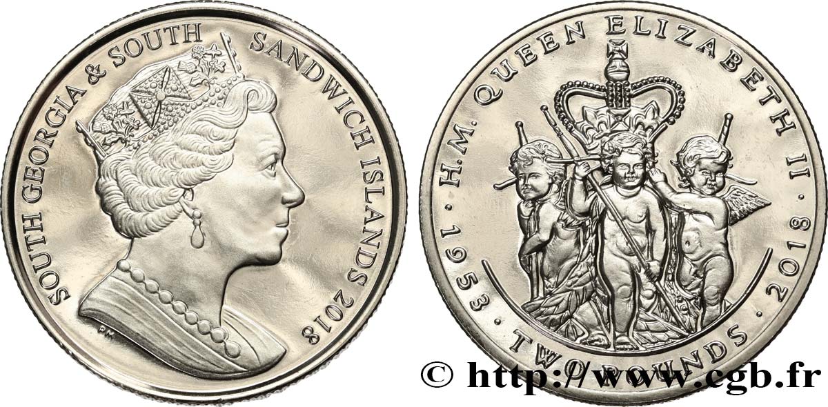 SOUTH GEORGIA AND SOUTH SANDWICH ISLANDS 2 Pounds (2 Livres) Proof Jubilé de saphir de la rein Élisabeth II 2018 Pobjoy Mint MS 
