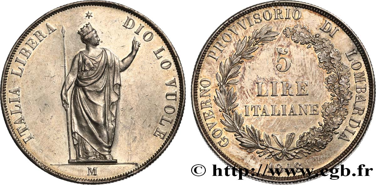 LOMBARDY - PROVISIONAL GOVERNMENT 5 Lire 1848 Milan AU/MS 