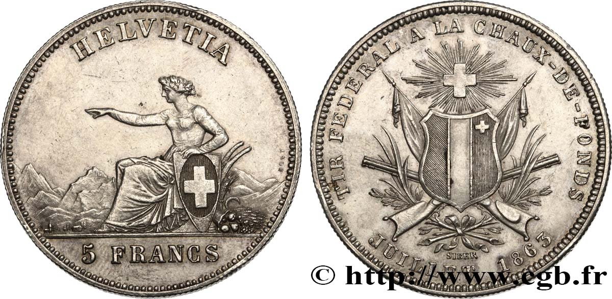 SCHWEIZ 5 Francs Tir fédéral de la Chaux-de-Fond 1863  VZ 