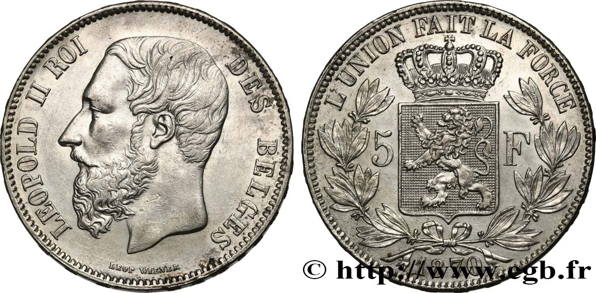 BELGIQUE 5 Francs Léopold II 1870  TTB+/SUP 