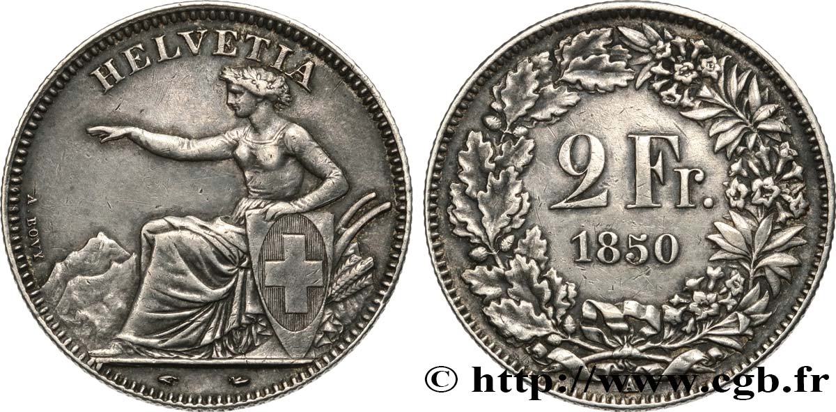 SWITZERLAND 2 Francs Helvetia 1850 Paris XF 