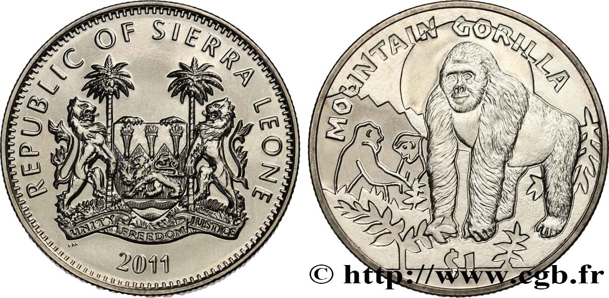 SIERRA LEONA 1 Dollar Proof Gorille des montagnes 2011  SC 