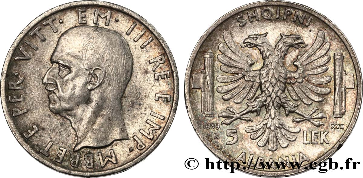 ALBANIA 5 Lek Victor-Emmanuel III 1939 Rome AU 