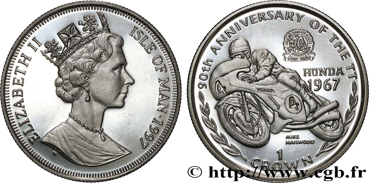 ILE DE MAN 1 Crown Proof Élisabeth II - 90e anniversaire du Tourist Trophy - Mike Hailwood  1997 Pobjoy Mint MS 
