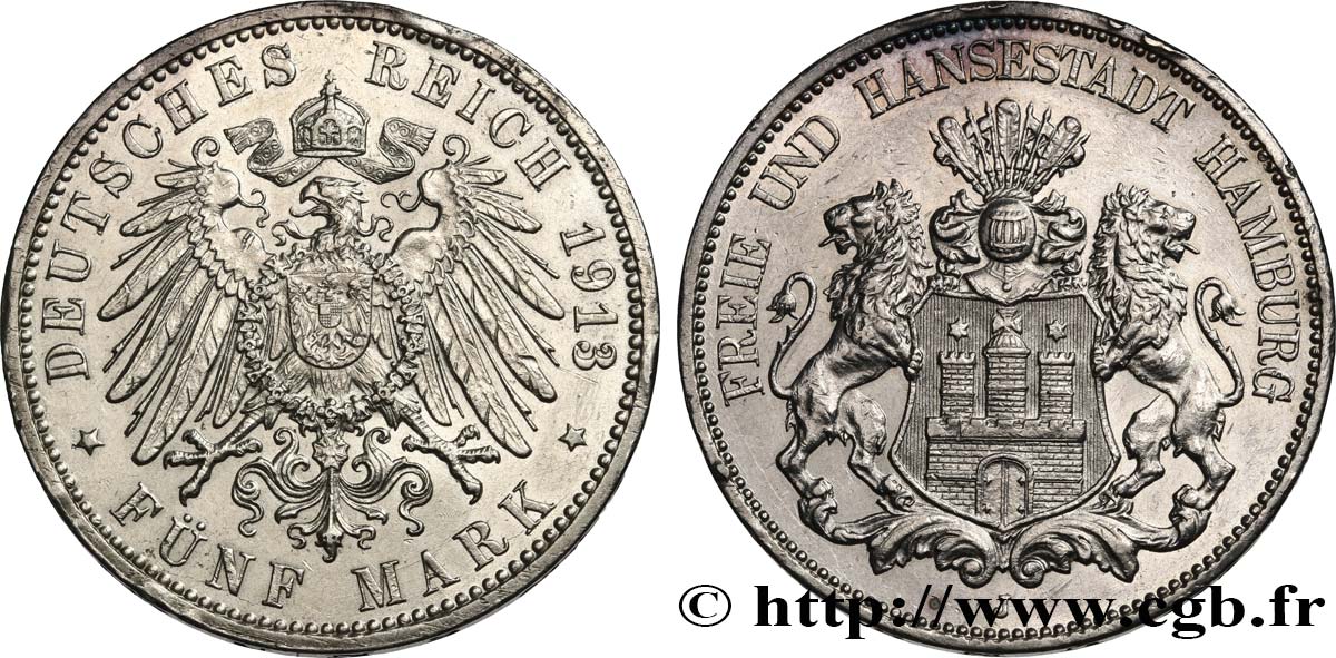 GERMANIA - LIBERA CITTA DE AMBURGO 5 Mark 1913 Hambourg q.SPL 