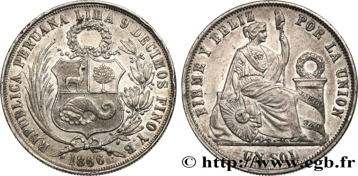 PÉROU 1 Sol “Liberté” assise 1866 Lima TTB+ 