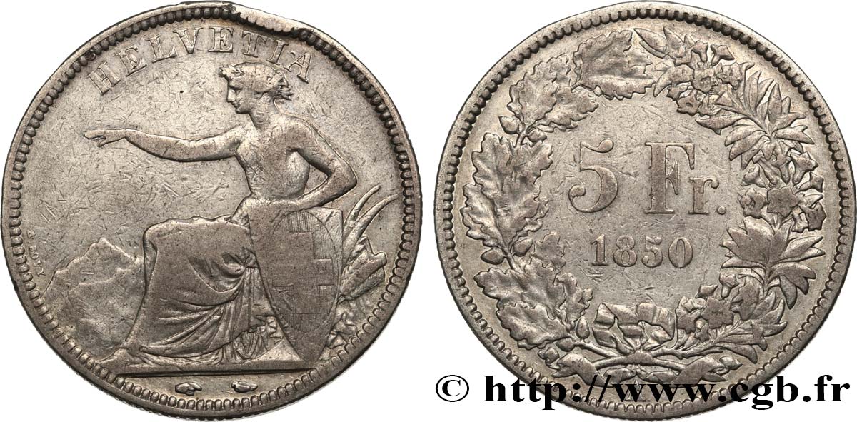 SUISSE - CONFEDERATION 5 Francs 1850 Paris TB+ 
