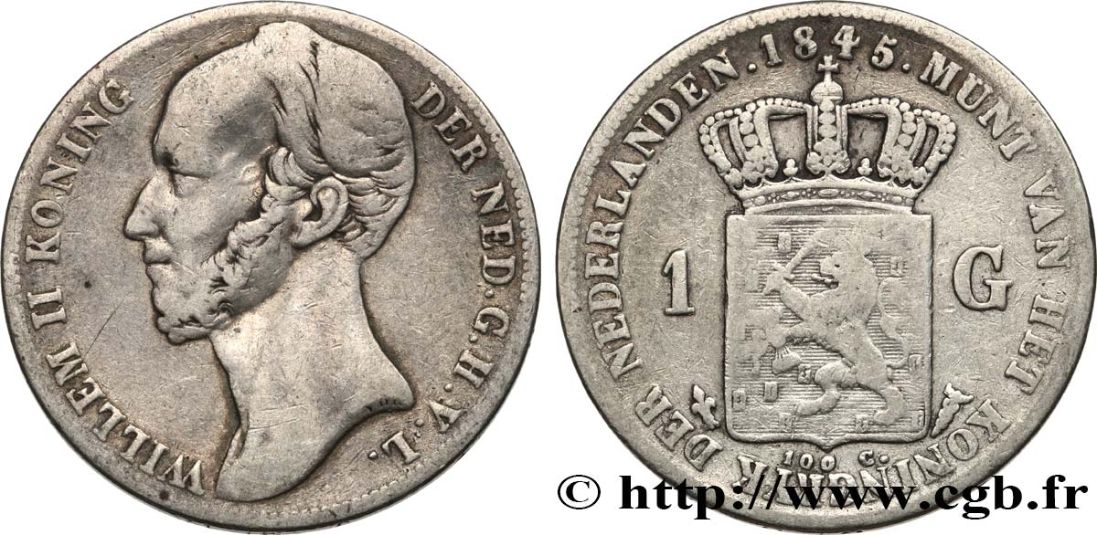 NETHERLANDS 1 Gulden Guillaume II 1845 Utrecht VF 