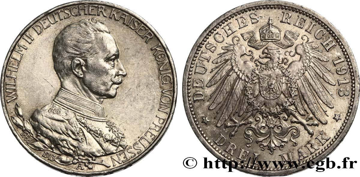 GERMANIA - PRUSSIA 3 Mark 25e anniversaire de règne de Guillaume II 1913 Berlin SPL 