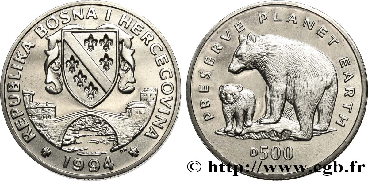 BOSNIE HERZÉGOVINE 500 Dinara Proof ours noirs 1994  SPL 