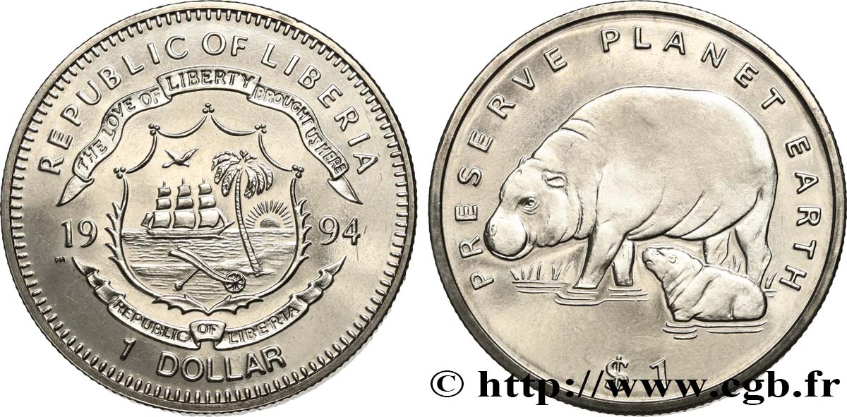 LIBERIA 1 Dollar hippopotames pigmées 1994 Pobjoy Mint SC 