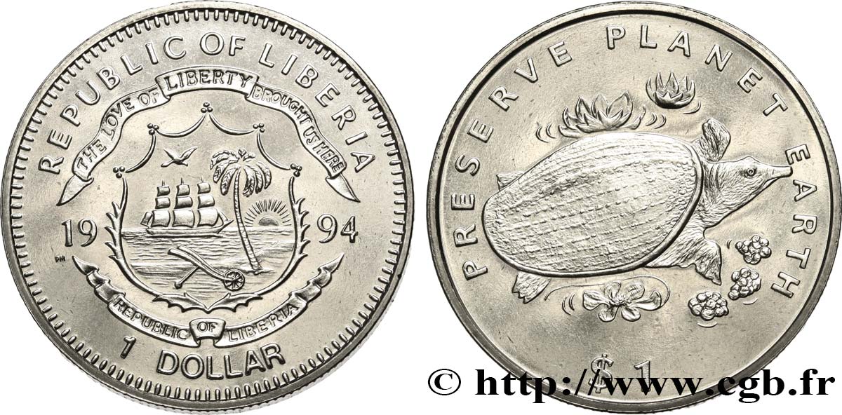 LIBERIA 1 Dollar tortue trionyx 1994 Pobjoy Mint MS 