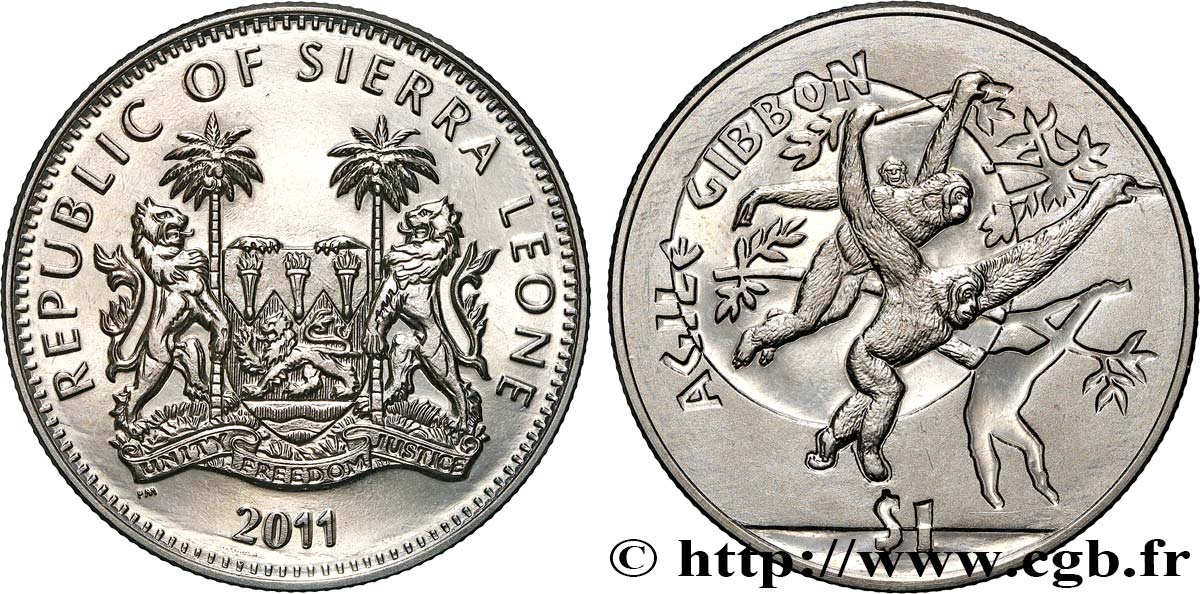 SIERRA LEONE 1 Dollar Proof Gibbon agile 2011 Pobjoy Mint MS 