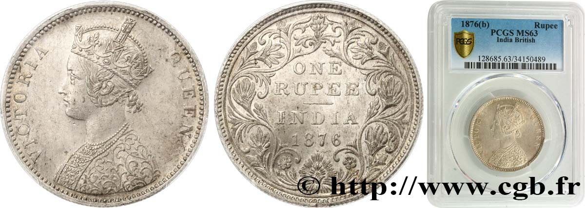 BRITISH INDIA 1 Roupie Victoria 1876  Bombay MS63 PCGS