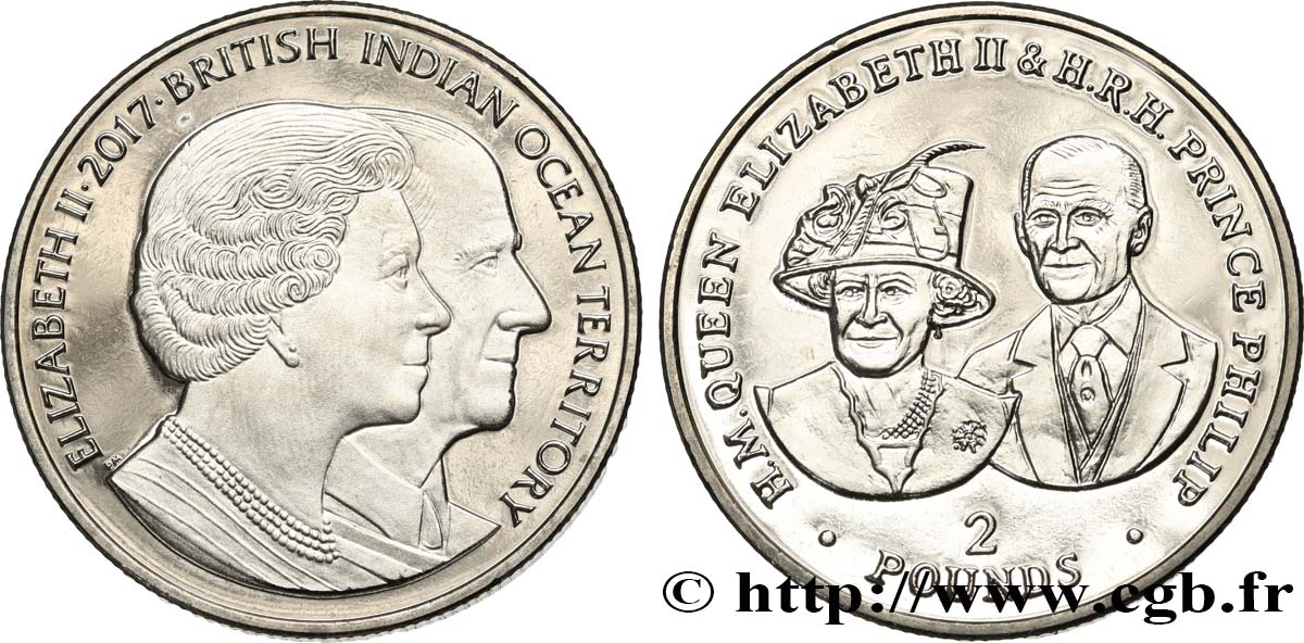 TERRITOIRE BRITANNIQUE DE L OCÉAN INDIEN 2 Pounds Proof 70e anniversaire de Mariage de la reine Élisabeth II et du prince Philippe 2017 Pobjoy Mint SPL 