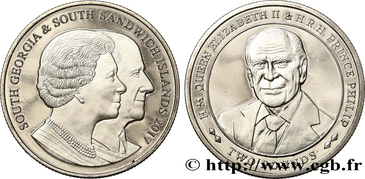SOUTH GEORGIA AND SOUTH SANDWICH ISLANDS 2 Pounds (2 Livres) Proof 70e anniversaire de mariage de la reine Élisabeth II et du prince Philip 2017 Pobjoy Mint MS 