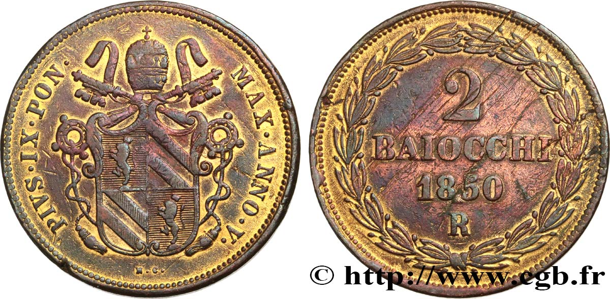ITALY - PAPAL STATES - PIUS IX (Giovanni Maria Mastai Ferretti) 2 Baiocchi Pie IX an V 1850 Rome VF 