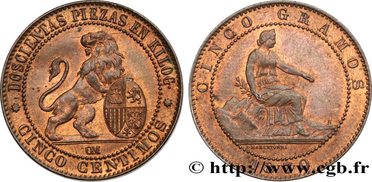 ESPAÑA 5 Centimos “ESPAÑA” 1870 Oeschger Mesdach & CO EBC 