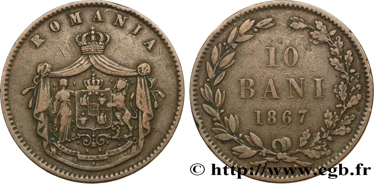 ROMANIA 10 Bani armes 1867 Watt & Co BB 