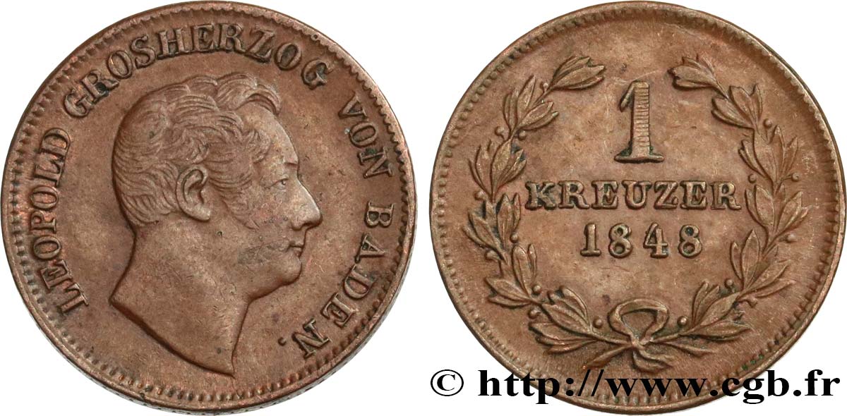 GERMANIA - BADEN 1 Kreuzer Léopold  1848 Karlsruhe q.SPL 