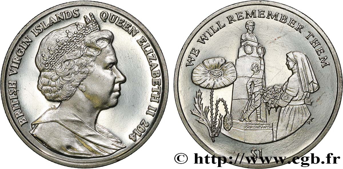 ISOLE VERGINI BRITANNICHE 1 Dollar Proof Centenaire de la Première Guerre Mondiale : Edith Cavell 2014 Pobjoy Mint MS 