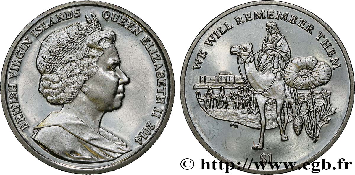 ISLAS VíRGENES BRITáNICAS 1 Dollar Proof Centenaire de la Première Guerre Mondiale : Lawrence d’Arabie 2014 Pobjoy Mint SC 