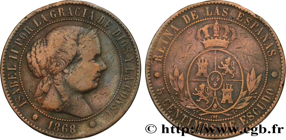 SPANIEN 5 Centimos de Escudo Isabelle II  1868 Oeschger Mesdach & CO fSS 