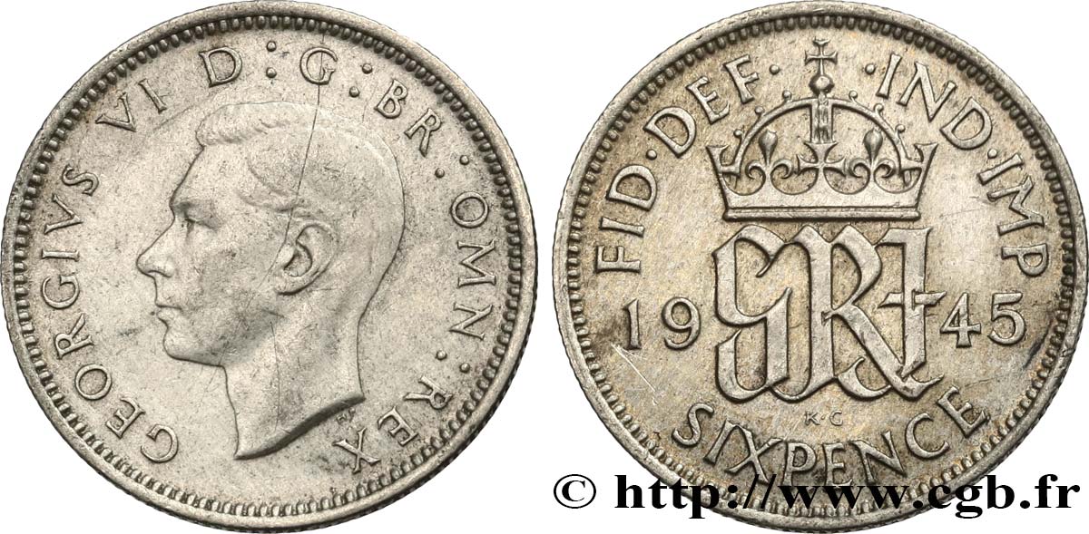 ROYAUME-UNI 6 Pence Georges VI 1945  TTB+ 