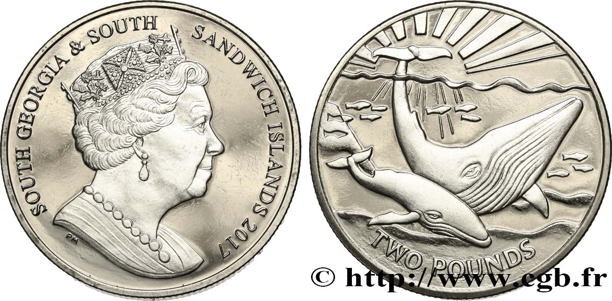 SOUTH GEORGIA AND THE SOUTH SANDWICH ISLANDS 2 Pounds (2 Livres) Proof Baleines bleues 2017 Pobjoy Mint MS 
