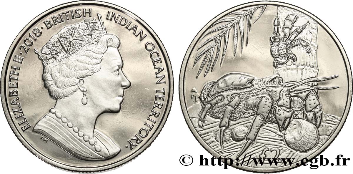 BRITISH INDIAN OCEAN TERRITORY 2 Pounds Proof Crabes des cocotiers 2018 Pobjoy Mint MS 