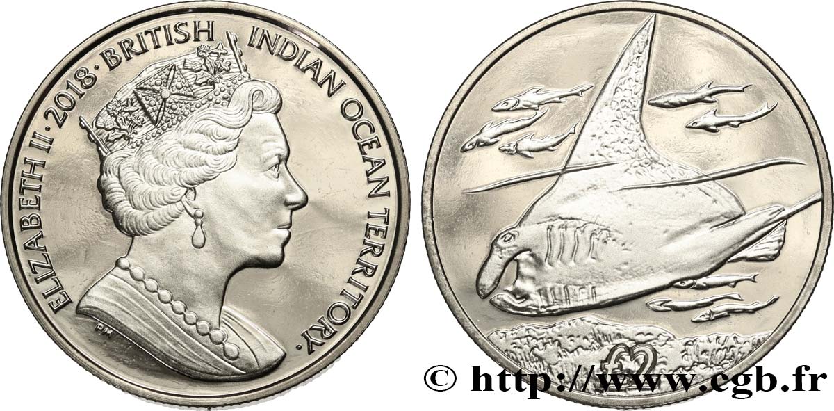 BRITISH INDIAN OCEAN TERRITORY 2 Pounds Proof Raie Manta 2018 Pobjoy Mint MS 
