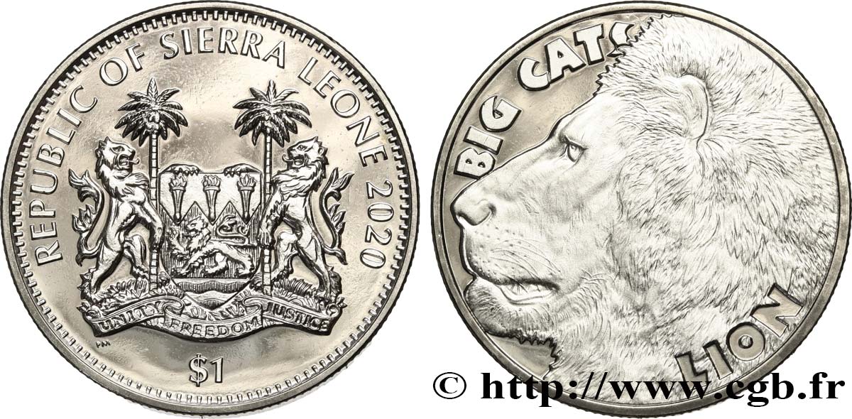 SIERRA LEONE 1 Dollar Proof Grands fauves : Lion 2020  FDC 