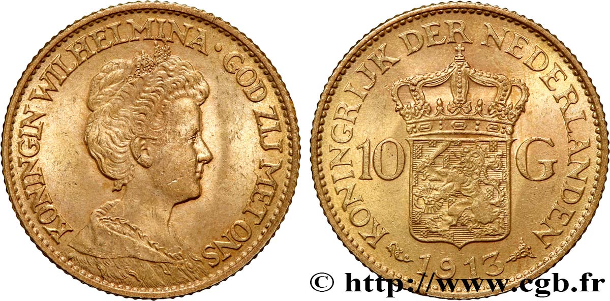 INVESTMENT GOLD 10 Gulden Wilhelmina 1913 Utrecht VZ 