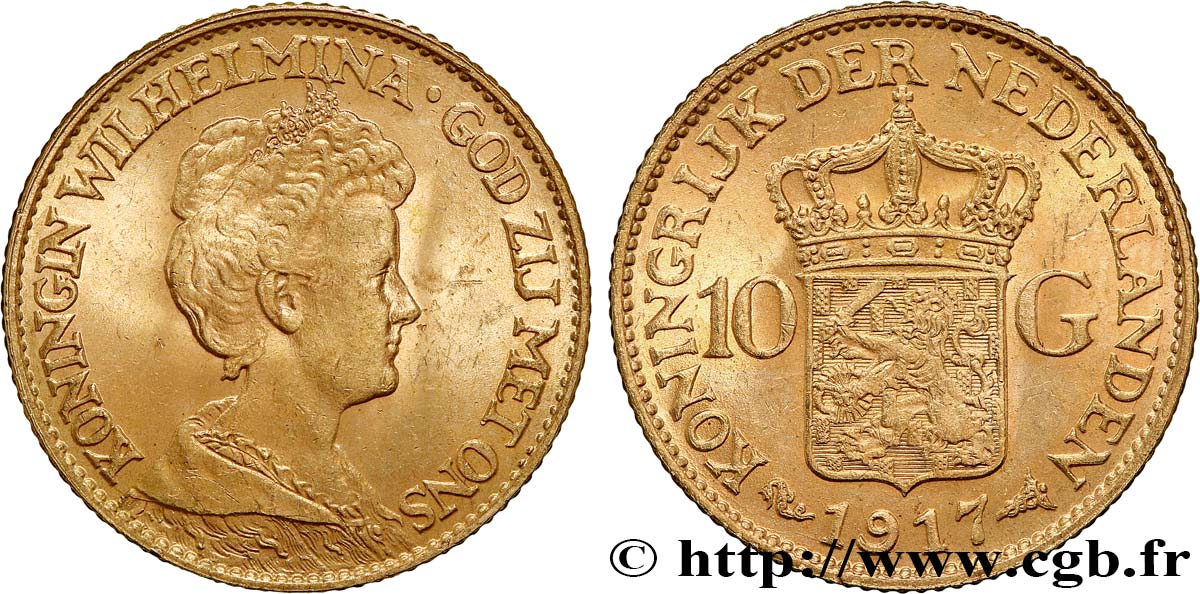 OR D INVESTISSEMENT 10 Gulden, 3e type Wilhelmina 1917 Utrecht SPL 