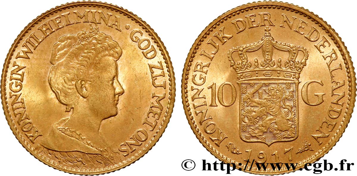 INVESTMENT GOLD 10 Gulden, 3e type Wilhelmina 1917 Utrecht fST 