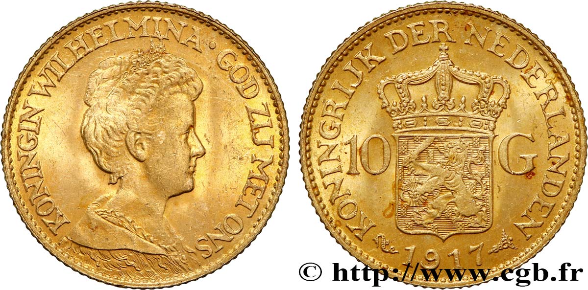 INVESTMENT GOLD 10 Gulden, 3e type Wilhelmina 1917 Utrecht fST 