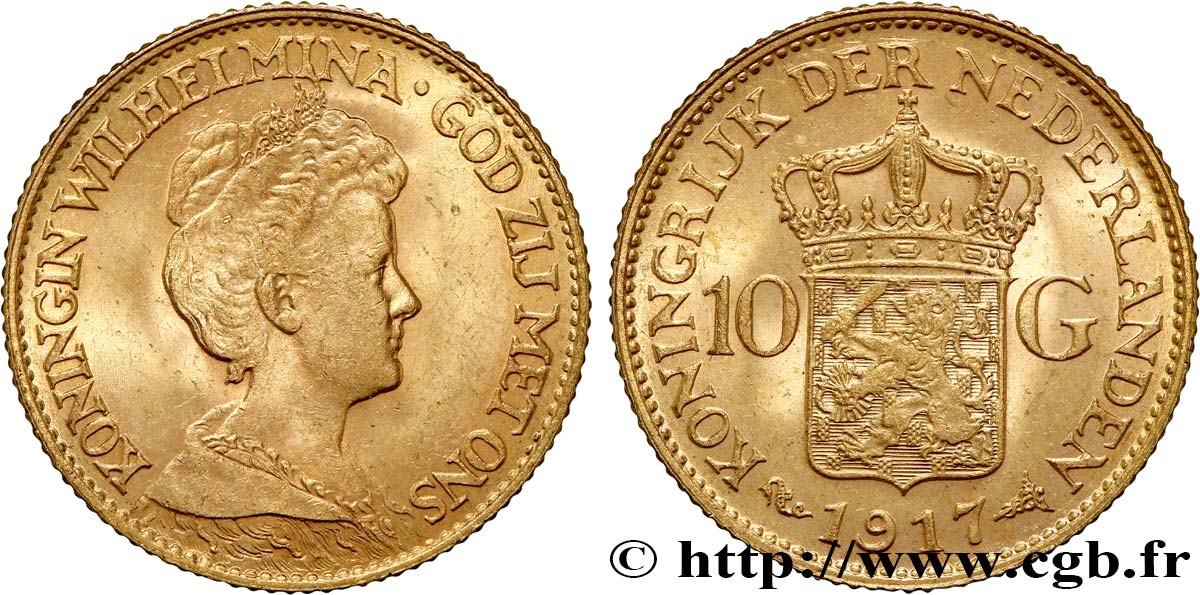 GOLD, PALLADIUM & PLATINUM INVESTMENT 10 Gulden, 3e type Wilhelmina 1917 Utrecht MS 