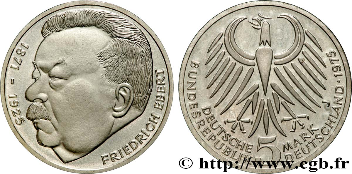 GERMANY 5 Mark Proof Friedrich Ebert 1975 Hambourg MS 