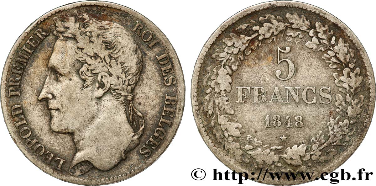 BELGIQUE 5 Francs Léopold Ier tête laurée 1848  TB+ 